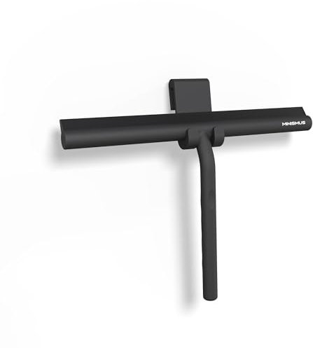 Minismus Tergivetro per Doccia - Pulisci Vetri Porte e Finestre - Tergivetro Doccia Silicone - Pulisci Doccia Vetro, Bagno e Specchi - Senza Foratura, Supporto Incluso (Nero, 28 cm)