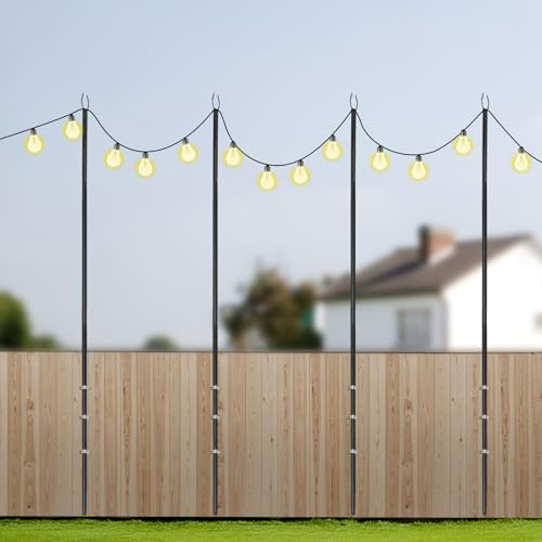ARBGO Pack de 4 postes de luz de 3 m de largo para colgar al aire libre, cadena de luces para exteriores con tenedor, postes de metal ajustables para exteriores, terraza, patio, jardín, boda, fiesta