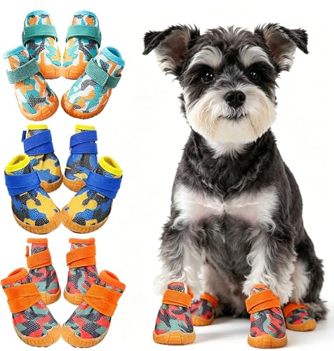 Kukaster Pet Hundeschuhe für kleine Hunde, 4er Set Pfotenschutz mit Rutschfester Sohle, atmungsaktive Hundeschuhe für Sommer, heißen Asphalt, Outdoor, Orange Tarnung, Size 2
