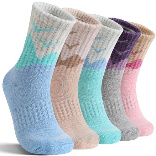 EBMORE Womens Merino Wool Hiking Socks Thermal Warm Winter Boot Crew Cushion Work Gift Socks 5 Pairs(Pink/Blue/Green/Coffee/Gray,M)