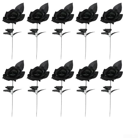 UrbanHui 10 Stück Gothic schwarze Rosenstrauß künstliche Blumen Seidenstoff Halloween Dekorationen lebensechte Blütenblätter für Hochzeit Party Heimdekoration