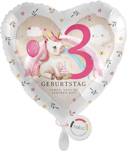 balloa Folienballon zum 3 Geburtstag, Geschenkidee Kinderparty Einhorn Herzballon, Helium geeignet Luftballon, Deko Highlight für Mädchen, zauberhafte Geburtstagsdekoration für Kindergeburtstag, 33cm