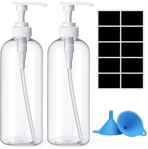 Invalidism 2Pcs Pump Bottle Dispenser 1000ML Refillable Press Bottles | Plastic Liquid Soap Dispenser Storage Holder Container for Lotions Shampoo Conditioner with Funnel Label Paper