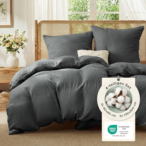 BEDSURE Musselin Bettwäsche 135x200 4teilig - Anthrazit, 80x80 Kissenbezüge | 100 % Baumwolle Bettwäsche-Sets, 2 Bettbezüge 135 x 200 und 2 Kissenbezüge 80 x 80, mit Reißverschluss, Weich, Atmungsaktiv