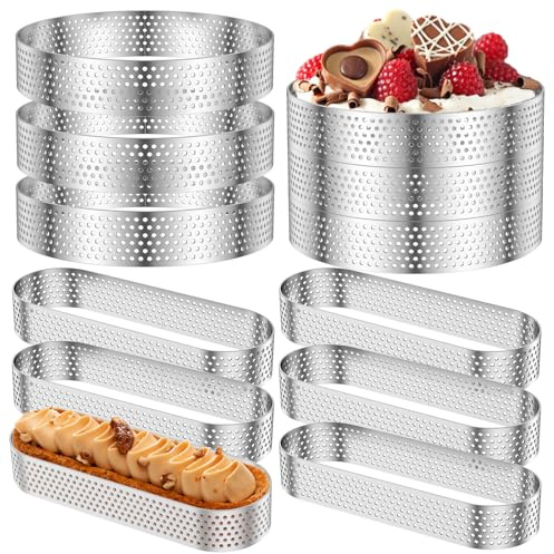 JUNFEIFLUX 12 Stück Mousse Tartelette Förmchen, Edelstahl Mit Löchern | 6 Stück Ø 10 cm Runde Dessertringe & 6 Stück Ovale Tartlettförmchen. Edelstahl Dessert Mousse Ring Mit Löchern.