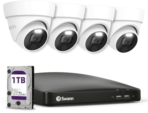 Swann 4K Wired DVR Security Camera System, 4 Domes, 8 Channel, 1TB HDD | 24/7 recording, True Detect person and vehicle alerts, 32 ft color night vision, 130 ft infrared night vision and spotlights