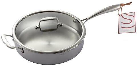 SANFELA 28 cm/ 4,3 l 5-lagige Edelstahl-Sauteuse mit Glas Deckel | kompatibel mit allen Herdarten, spülmaschinenfest, Frei von PTFE, PFAS und PFOA