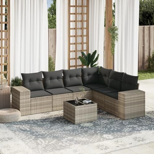 Owoxanthellate Salon de jardin 7 pièces - Gris clair - 62 x 62 x 69 cm - Canapé d'angle en rotin synthétique avec espace de rangement - Groupe de sièges résistant aux intempéries - Salon modulaire
