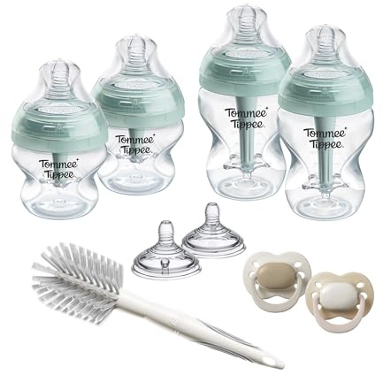 Tommee Tippee Anti-Kolik-Starterset für neugeborene Babys mit Kolik, 150-ml- und 260-ml-Babyflaschen Besonders langsamer und Langsamsauger 2 x brustähnliche mittlerem Sauger belüfteter Anti-Kolik-Stab