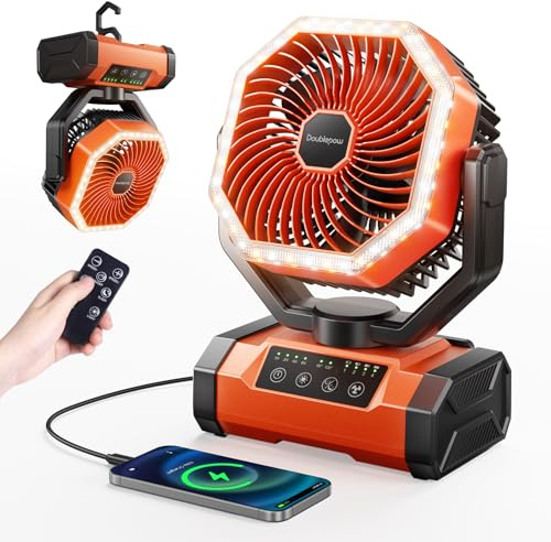 Doublepow Ventilatore da campeggio da 20000 mAh con luce LED, ventilatore da tavolo portatile con telecomando e gancio, oscillante automatico, 4 velocità e timer, funzionamento a batteria, per esterni