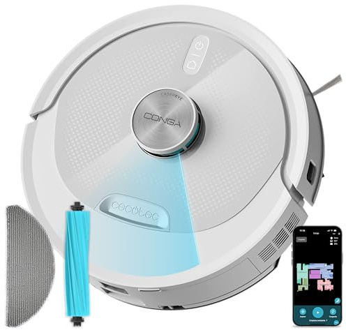 Cecotec Robot Aspirador y Friegasuelos con Navegación Láser Conga M80 Pearl. Succión del Motor 25000Pa, Autonomía 240min, Cepillo Silicona para Mascotas, Bluetooth y WiFi, Control App