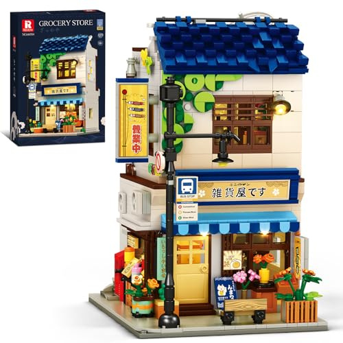 Reobrix 66504 Japanischer Lebensmittelladen Klemmbausteine Set für Erwachsene, mit LED-Beleuchtung, 1272 Teile Street-View Gebäude, Modulares Stadthaus Architekturmodell zum Bauen und Ausstellen