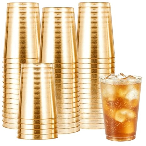 GORPENT 50 Pièces Gobelets Réutilisables en Plastique, 300ml Paillettes D'or Tasses en Plastique, Verres à Vin Reutilisable, Gobelets de Fête pour Mariage Fête Anniversaires Cocktails Camping(Or)
