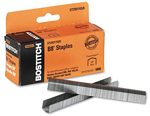 Bostitch Office B8 PowerCrown Staples, 0.375 Inch Leg, 45 Sheet Capacity, 5,000 Per Box (STCR21153/8), Silver