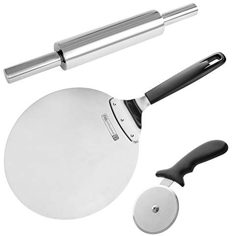 FMprofessional Pizza-Set, Pizzaheber, Schneidrad und Teigroller, Küchenhelfer aus Edelstahl, zum Backen von Flammkuchen, Brot und Torten, ideales Set für Profi- und Hobbyköche (Menge: 1 x 3er Set)