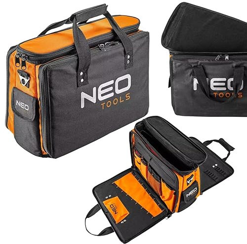 NEO TOOLS Werkzeugtasche Monteurtasche Polyester 600D, 17 Innentaschen, 2 Außentaschen, starre Bauweise, drei Hauptinnenfächer, verstärkte Reißverschlüsse 43.5 x 33 x 20 cm
