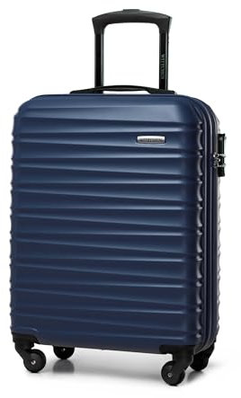 WITTCHEN Reisekoffer Handgepäck Kabinengepäck Rollkoffer Kabinenkoffer Kleiner Koffer Trolley Hartschale aus ABS 4 Spinner-Rollen Zahlenschloss Groove Line Größe S Marineblau Lufthansa/Eurowings