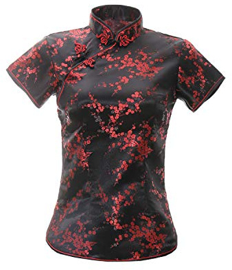 ACVIP Top de Qipao de Brocado con Flores de Ciruela para Mujer, Blusa China de Manga Corta con Cuello de Pie, Negro y rojo., 44