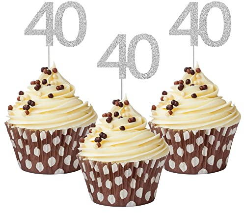 Sumerk 24PCS 40 Cupcake toppers Silver Glitter 40th Birthday Cupcake Picks Anniversary Party Decorations