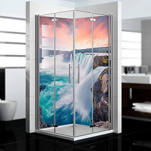 dedeco Eck-Duschrückwand wasserfest mit Wasserfall V4 Motiv UV-Lack glänzend - 2 x 90x200 cm, Badrückwand zum Fliesenersatz, Dekorwand, Wandverkleidung und Duschplatte aus Aluminium - Made in Germany