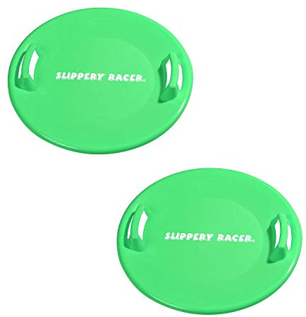 Slippery Racer Heavy-Duty Cold Resistant Downhill Pro Adults and Kids Plastic Outdoor Winter Saucer Disc Snow Sled with Handles, Green (2 Pack)