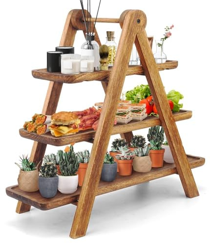 Manspdier Wood 3 Tier Serving Tray Three Tiered Cupcake Stand, Rectangle Serving Platter Wooden Farmhouse Tiered Tray, Party Serving Brown Decorative Tray Decor