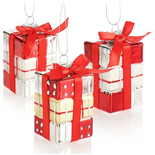 com-four® 3X Christbaumanhänger Geschenk, Weihnachtskugel Geschenkbox | Christbaumschmuck in Geschenk-Form für die Weihnachtsbaum-Dekoration - bruchfester Baumschmuck