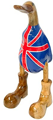 My Family House Hand Carved British Flag Duck Ornament with Welly Boots Fair Trade Novelty Bamboo Root Sculpture Home Decor Indoor Painted Ducks