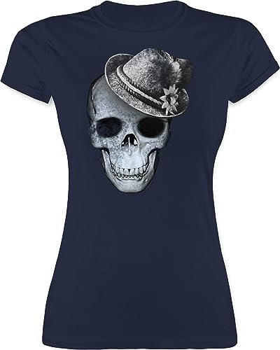 Shirt Damen - Kompatibel Oktoberfest - Totenkopf mit Filzhut - M - Navy Blau - trachtenshirts trachtenshirt bayrische Skull Funshirts für Frauen trachtentshirt Trachten t Shirts bayrisch bayernhut