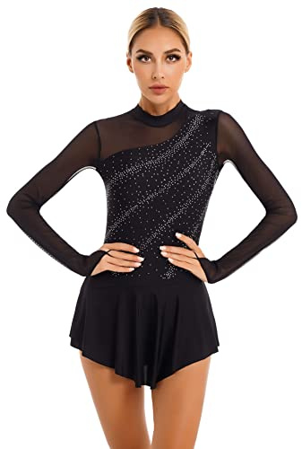 CHICTRY Patchwork Vestito Danza Classica Donna Paillettes Body da Pattinaggio Artistico Leotards Body da Balletto Manica Lunga Abito da Jazz Latino Danza Moderna Nero S