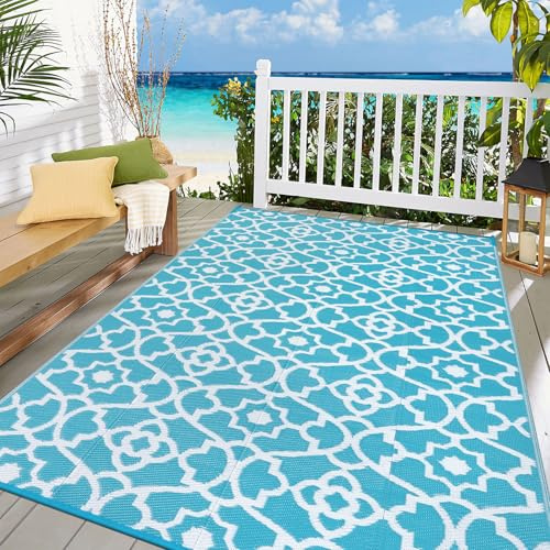 Enyhom Große Outdoor-Teppiche für den Garten, wasserdicht, 150 x 240 cm, wendbare Outdoor-Matten, Kunststoff-Strohteppich, tragbar, faltbar, Picknick, gewebter Teppich für Wohnmobil, Terrasse, Türkis