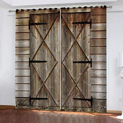 Vorhang Blickdicht Alte Holztür Gardinen mit Ösen 3D Muster Bauernhof Scheune Blickdichte Vorhänge Thermovorhang Kälteschutz Verdunklungsvorhänge für Wohnzimmer Schlafzimmer 2er Set 110x215 cm（BxH)