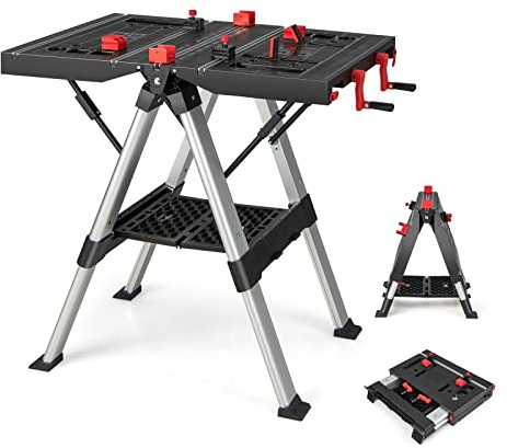 S AFSTAR Folding Work Table, 2-in-1 Workstation-1000 lbs Sawhorse & 440 LBS Workbench with Clamping System, 21.5”-32.5” Adjustable Heights, Collapsible Potable Workbench for Repairing Welding