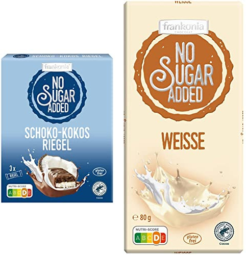 frankonia CHOCOLAT NO SUGAR ADDED Schoko-Kokos Riegel, 100 g (3x33 g) & NO SUGAR ADDED Weisse Schokolade glutenfrei, 80 g
