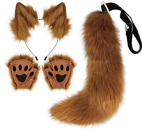 Kunstfell Katzenohren Stirnband flauschiger Wolf Fuchsschwanz Krallenhandschuhe Cosplay Kostüm Set Tierkostüm pelziger Schwanz und Pfoten Damen Kostüm für Halloween Karneval Rollenspiele Bühnenshow