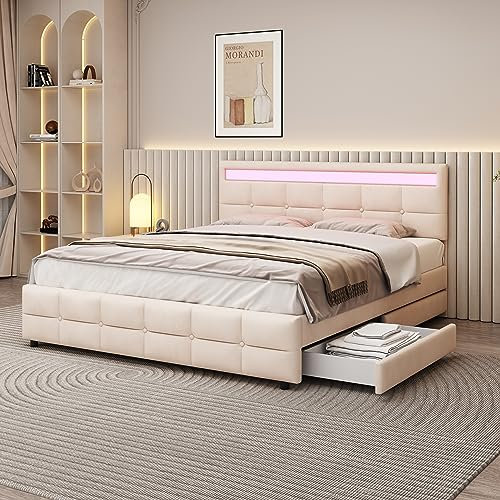 Merax Polsterbett 180 x 200 cm mit LED-Beleuchtung, Doppelbett mit 4 Schubladen, Stauraumbett mit Lattenrost und Rückenlehne, Samt Bettgestell, für Erwachsene und Jugendliche, ohne Matratze, Beige