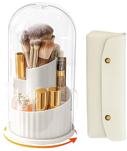 mumisuto Porta Pennelli Make Up, 360° Rotante Porta Pennelli Trucco con 5 Scomparti, Portapennelli da Trucco con Coperchio Antipolvere per Rossetti/Profumo, per Bagno, Scrivania, Piano di Lavoro