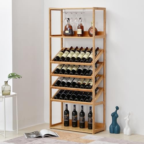 JSLJDM Casier à Vin,Étagère à Vin 38 Bouteilles,Porte Bouteille, Étagère à Bouteille en Bambou,Meuble Range Bouteille,Range Bouteille vin,pour Cuisine, Bar, Salle à Manger, Cave, Couleur du Bois
