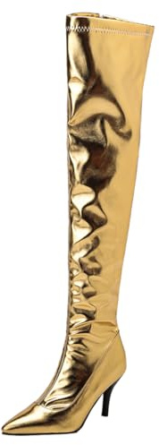 MISSUIT Damen Metallic Overknee Stiefel High Heels Stiletto Stiefel Glitzer Spitz Slouchy Stiefel Reißverschluss Schuhe(Gold,40)