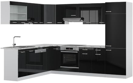 Vicco Eckküche R-Line, Schwarz Hochglanz, 287 x 60 cm, AP Marmor, mit modularen Elementen flexibel erweiterbar