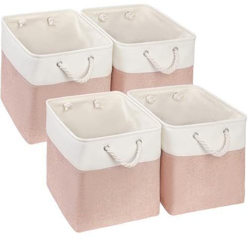 Mangata Aufbewahrungsbox, 33x38x33cm Aufbewahrungskorb Stoff, Box in Würfel für Schrank, Regal, und Kleidung(Rosa/Weiß, 4er Pack)