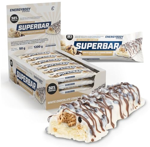 Energybody Superbar Proteinriegel White Chocolate Cookie Dough 24x50g | High Protein Riegel, 36% Eiweiß, nur 2g Zucker, für Low Carb Ernährung, zuckerarm