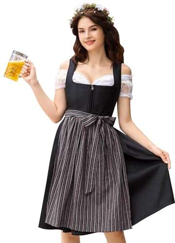KOJOOIN Damen Dirndl Midi Trachtenkleid 3tlg.für Oktoberfest inkl.Dirndl Kleid,Dirndlschürze,Dirndlbluse(Verpackung MEHRWEG)