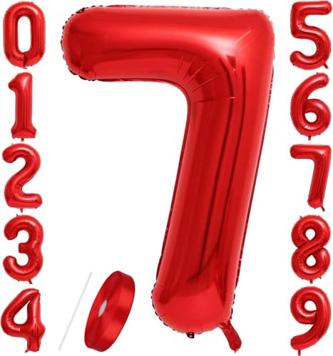 Number 7 Balloons Red 40 inch, Jumbo Digital Foil Mylar Balloon for Birthday Party Wedding Anniversary Celebration Decoration
