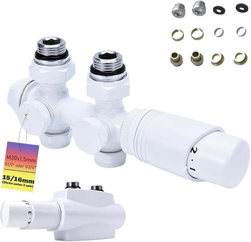 Set multiblocco con termostato, angolo e forma passante, blocco per radiatori, termosifoni da bagno, raccordo centrale, valvola per radiatore, rubinetti in ottone, G1/2 G3/4, 15/16 mm, bianco