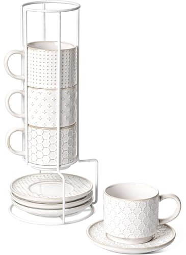 LE TAUCI 8 oz Stackable Latte Cups with Saucers and Stand, Set of 4, Large Ceramic Coffee Cup and Saucer Set for Tea, Cafe Au Lait, Microwave & Oven Safe - Embossed White