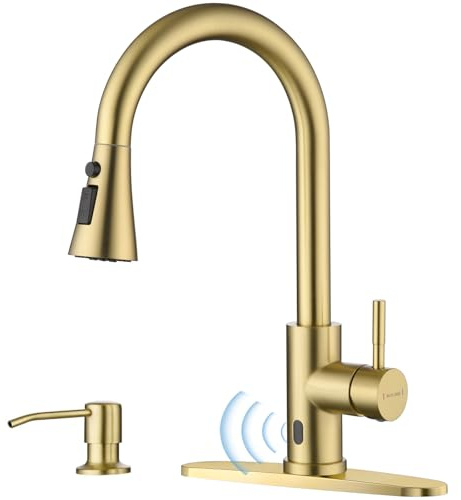 BLYLUND Touchless Kitchen Faucet with Pull-Down Sprayer, Kitchen Sink Faucet Brushed Gold Faucets with Soap Dispensor, Single Handle Hands-Free Sensor Suitable for 1 to 4 Hole Sink, Stainless Steel