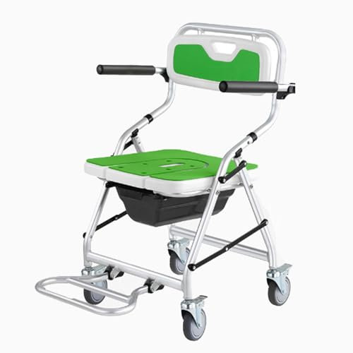 Wheeled Shower Chair, Waterproof Wheeled Commode Toilet Chair with Removable Bucket, Bedside Commode Chair on Wheels for The Disabled,64×55×88cm