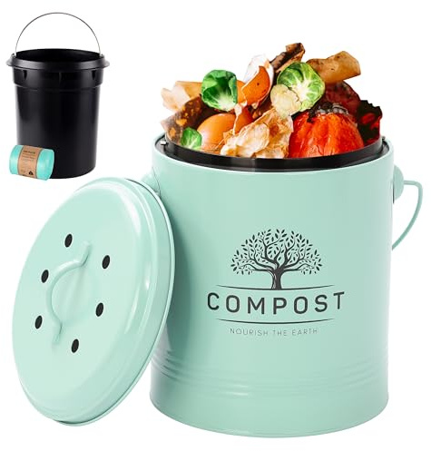 Perfnique Kitchen Compost Bin, 1.3 Gallon Countertop Compost Bin with Lid, Indoor Compost Bucket Includes Inner Bucket Liner and Carbon Filter, Small Compost Bin with Trash Bags (with Bags, Mint)