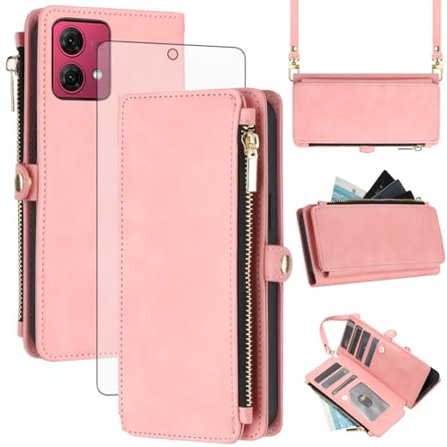 Asuwish Funda para Motorola Moto G84 5G funda con banda y lámina protectora de pantalla RFID Tarjetero plegable cuero flores monedero soporte G 84 84G XT2347-2 Wallet Fundas Funda Phone Case Rosa